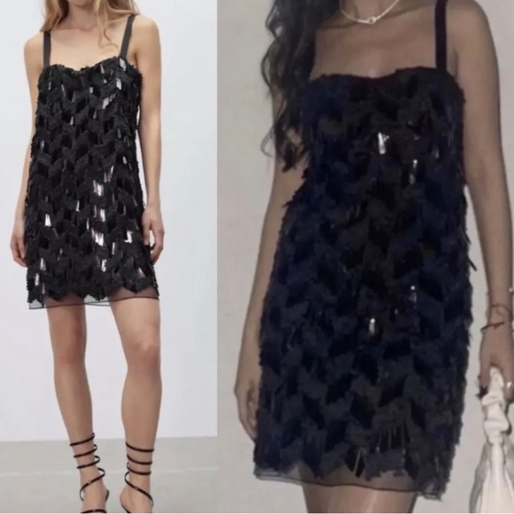 Zara Sequin Strap Mini dress Small Black New with tag - Picture 3 of 12